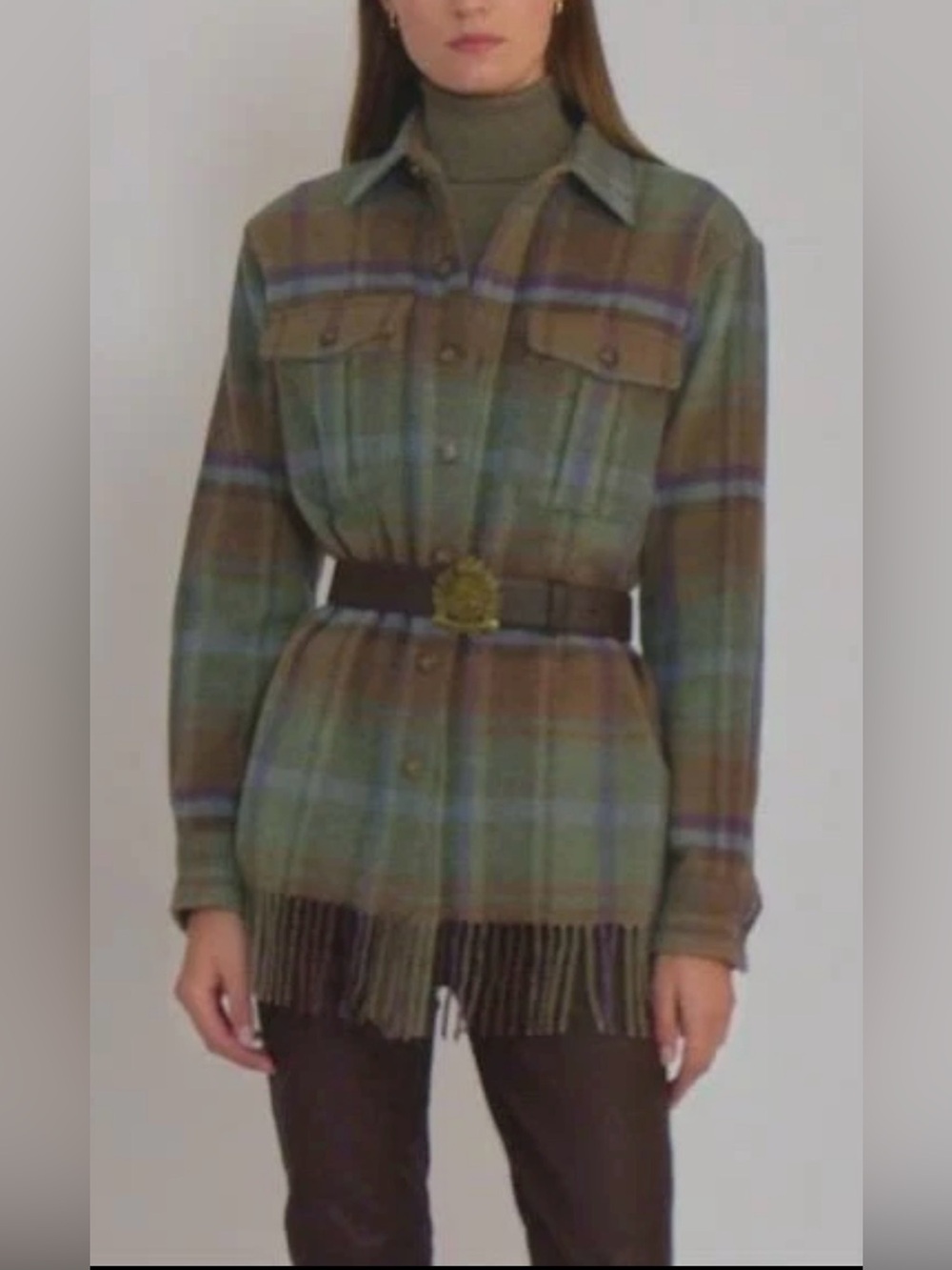 Lauren Ralph Lauren Plaid Fringe Trim Wool Shirt Jacket Size M